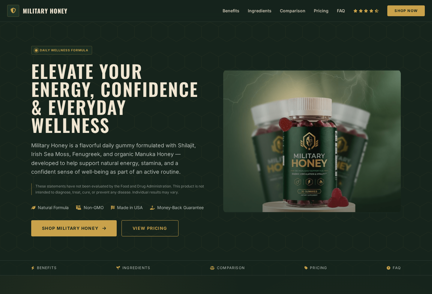 Military Honey Reviews Exposed: Fake Official Sites and Product Redirects 1 Screenshot of a Military Honey website promoting gummies for energy and vitality