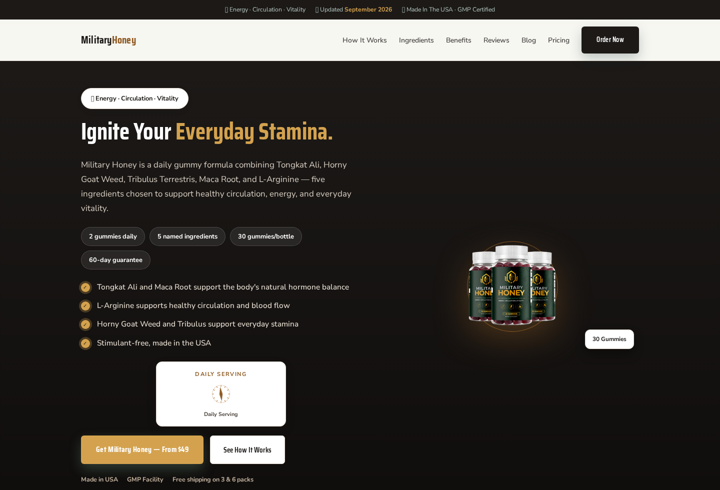 Military Honey Reviews Exposed: Fake Official Sites and Product Redirects 2 Screenshot of another Military Honey page showing a different five-ingredient gummy formula
