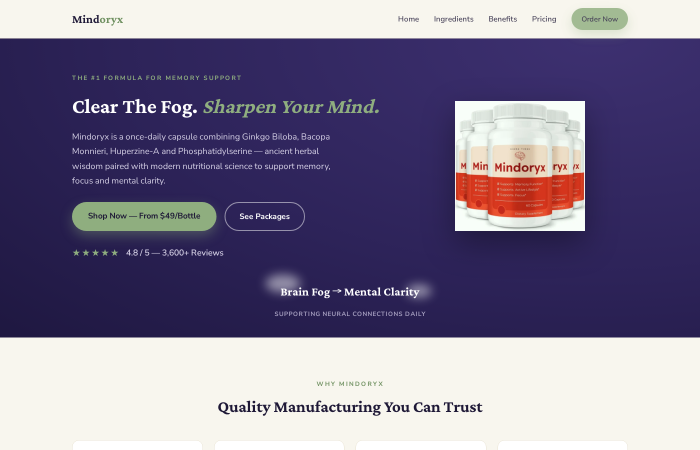 Mindoryx Review: Why Checkout Sells Memopezil 1 Mindoryx homepage showing memory supplement bottles, a review score, and pricing claim