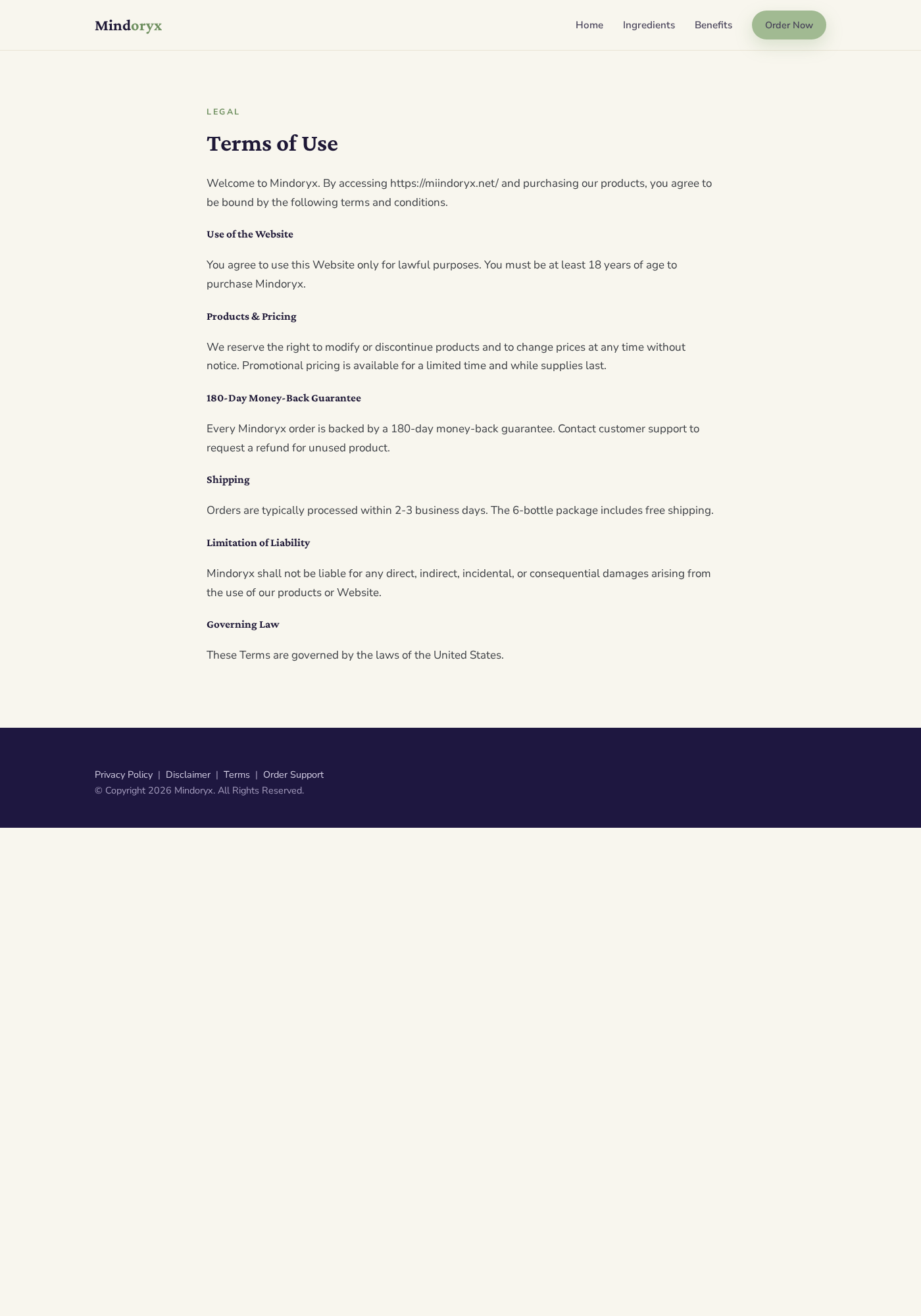 Mindoryx Review: Why Checkout Sells Memopezil 3 Mindoryx terms page displaying the advertised 180-day guarantee