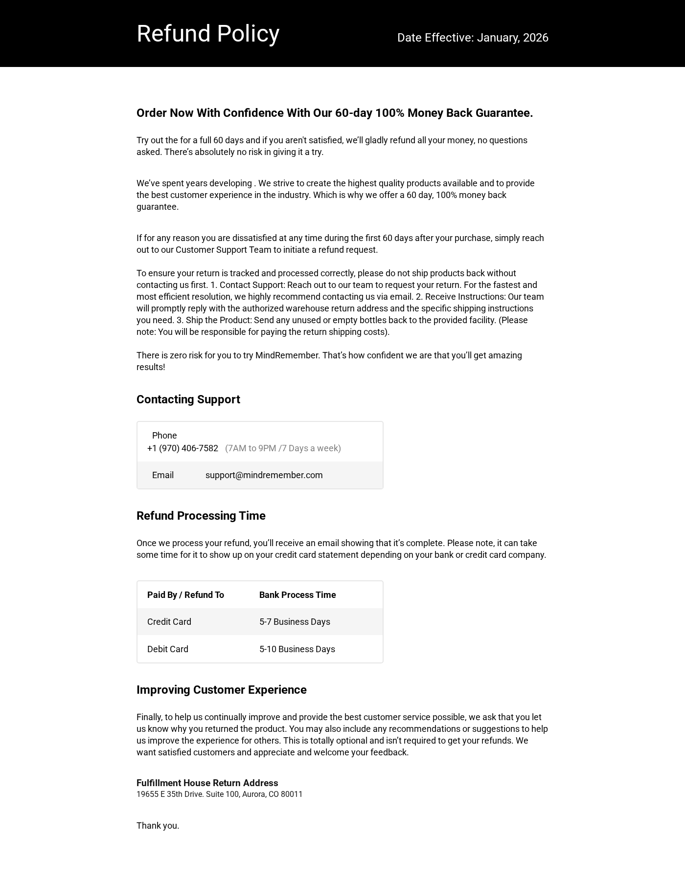 MindRemember refund policy showing the 60-day window, return address, and support contact details