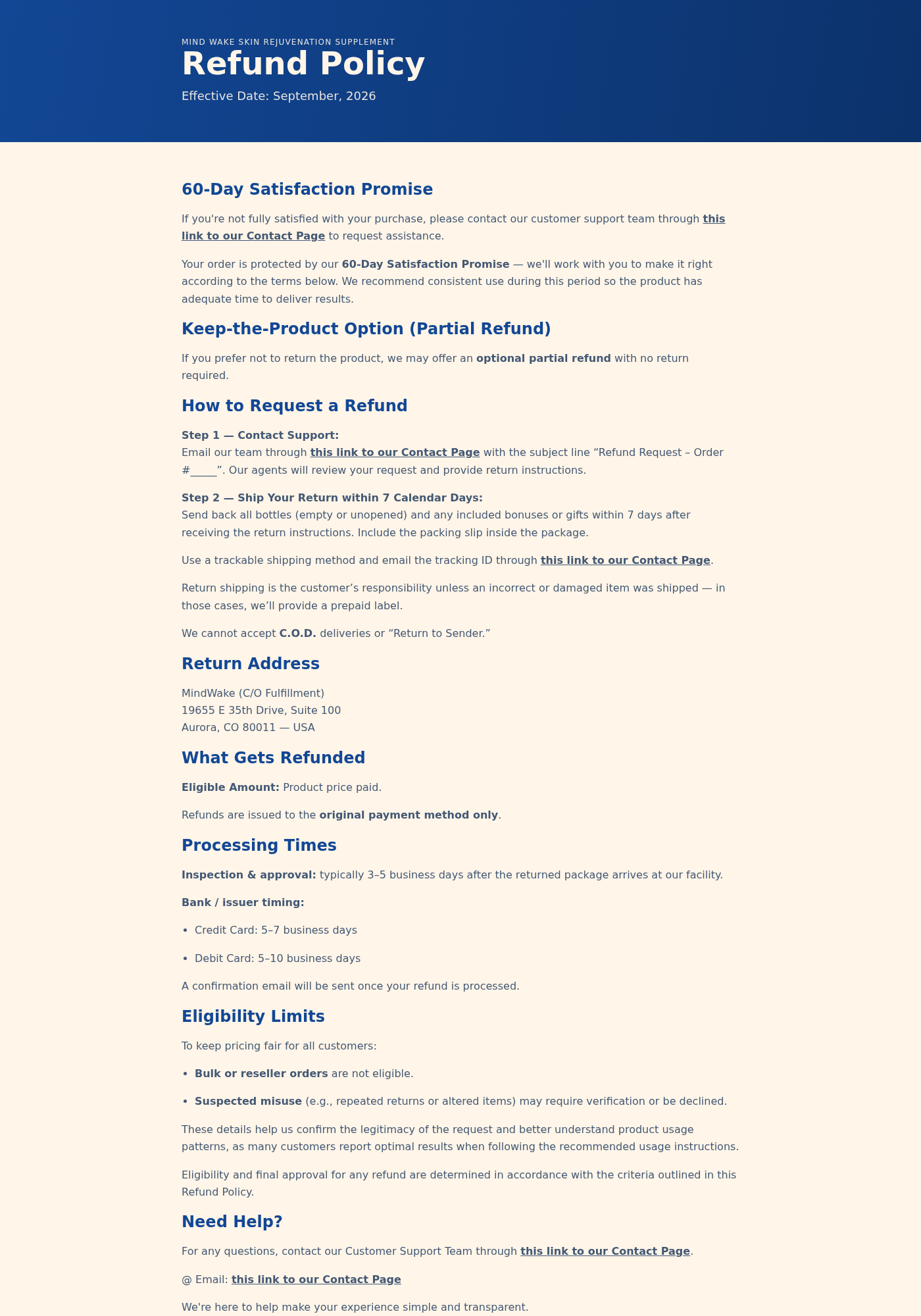 MindWake refund policy showing mismatched skin supplement text and return requirements