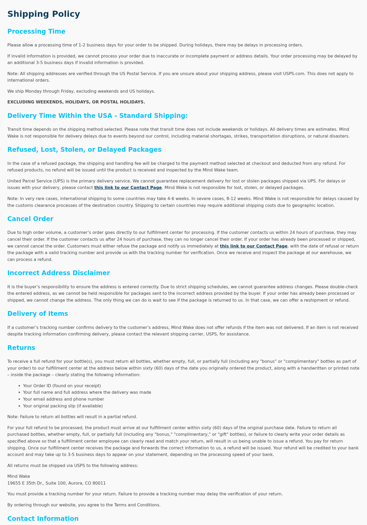 MindWake shipping policy showing return conditions and Aurora fulfillment address