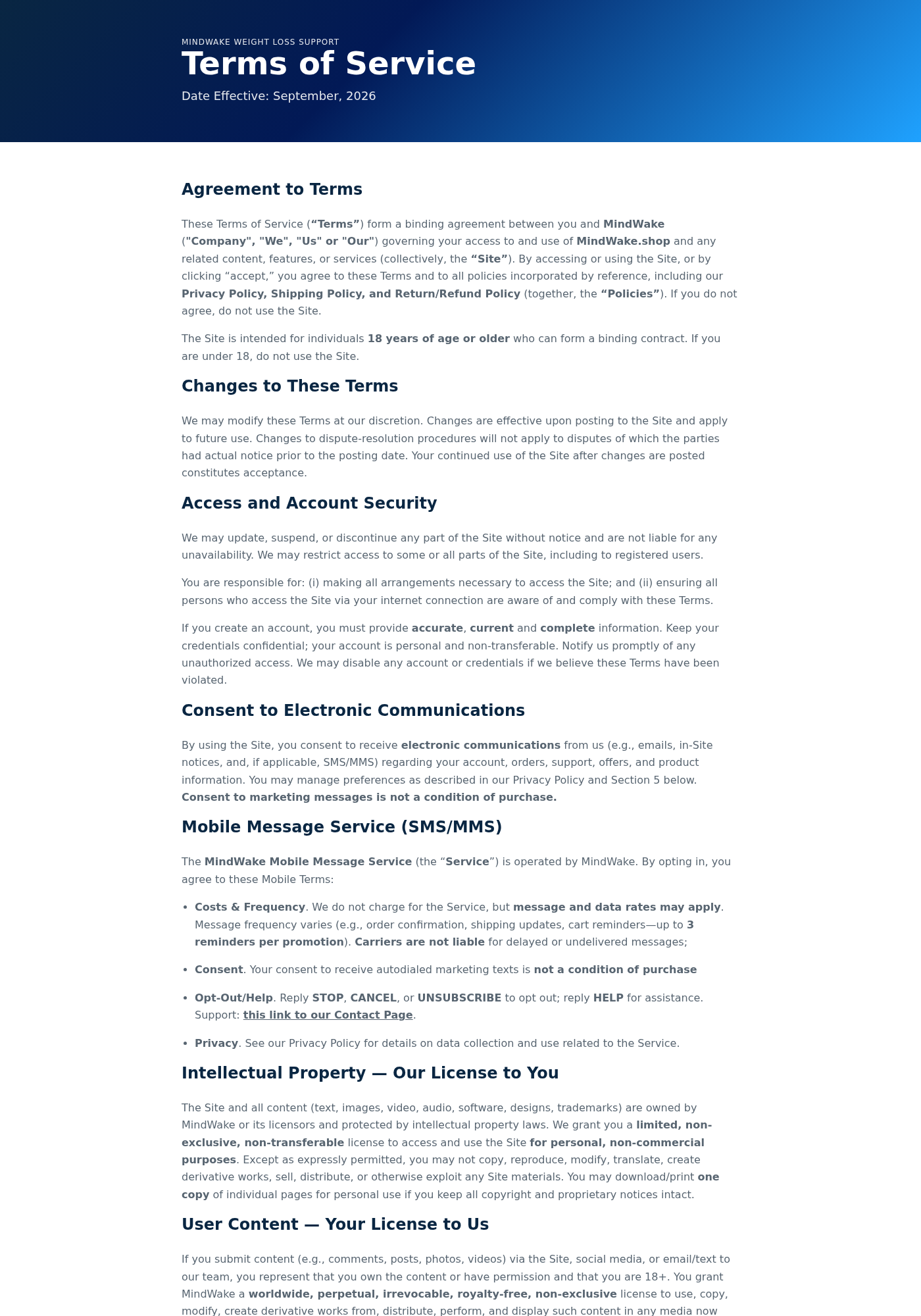 MindWake terms page describing weight loss support and using a different site domain