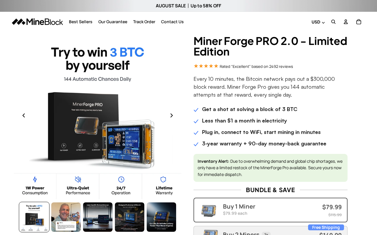 Mineblock Miner Forge Pro Review: Solo BTC Lottery Gadget, Not a Payday 1 Miner Forge Pro product page promoting solo Bitcoin block lottery attempts