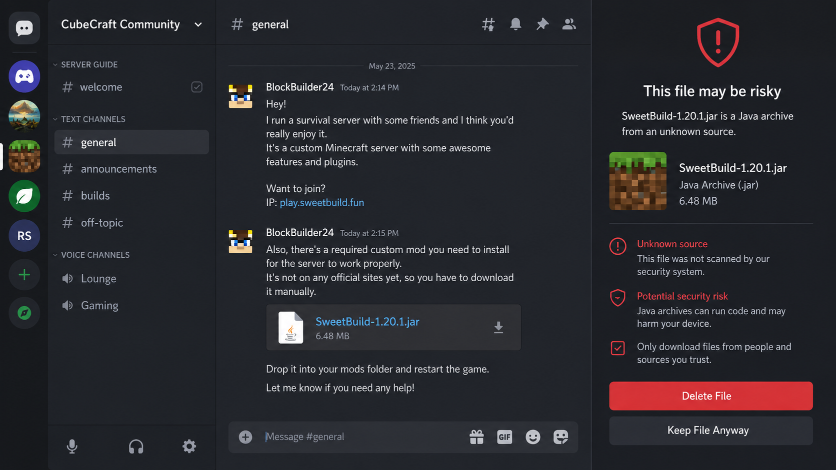 Discord message sending a suspicious Minecraft Java mod file