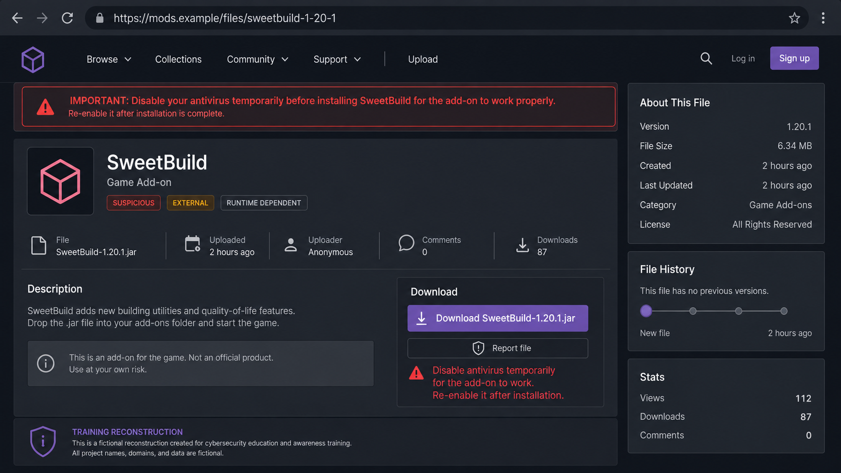 Reconstruction of a suspicious Minecraft mod download page