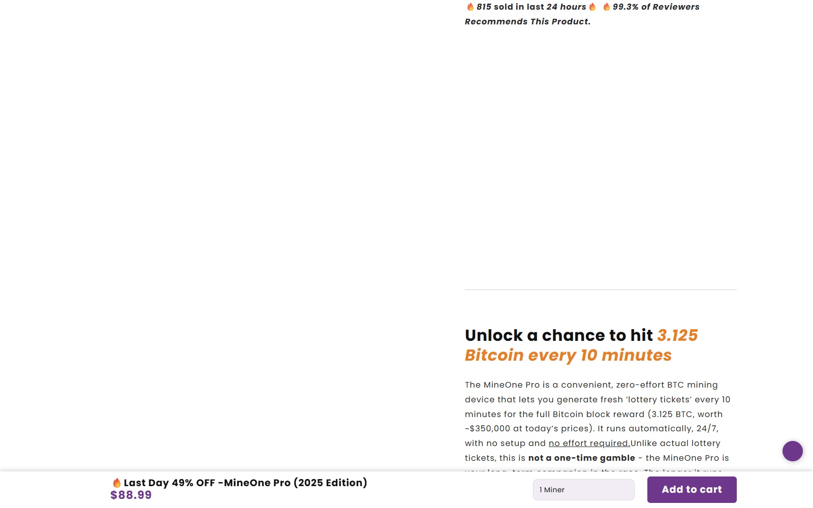 MineOne Pro reseller page promoting chances to win a 3.125 Bitcoin block reward
