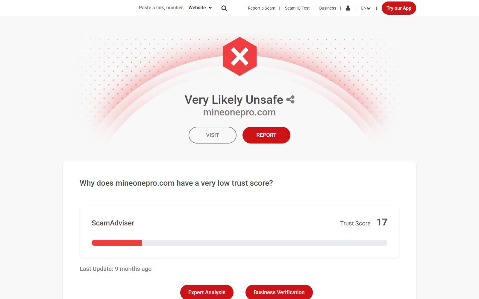 Website reputation check showing a very low trust score for mineonepro.com