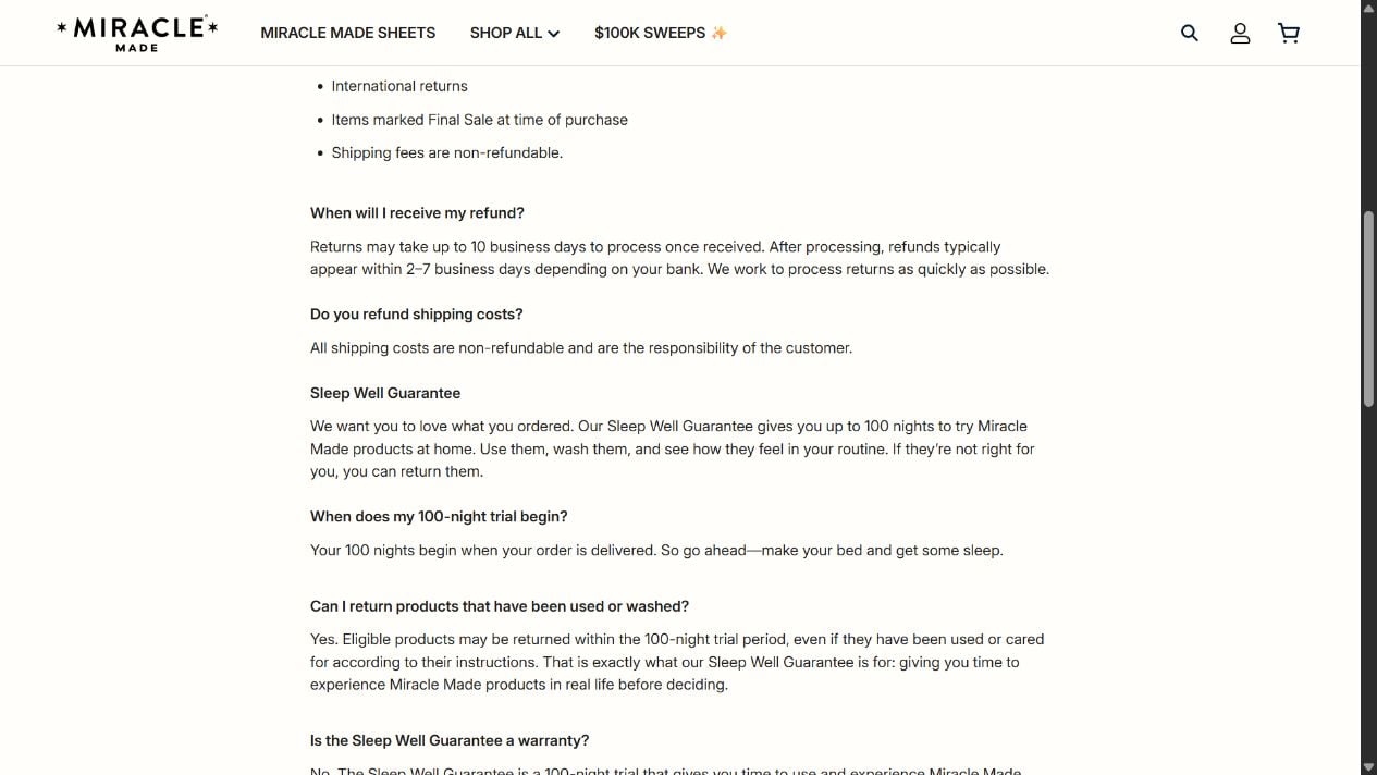 Miracle Sheets Review: Real Product, Silver Claims and Fake Pages Exposed 2 Miracle Made return policy explaining the 100-night trial and nonrefundable shipping costs