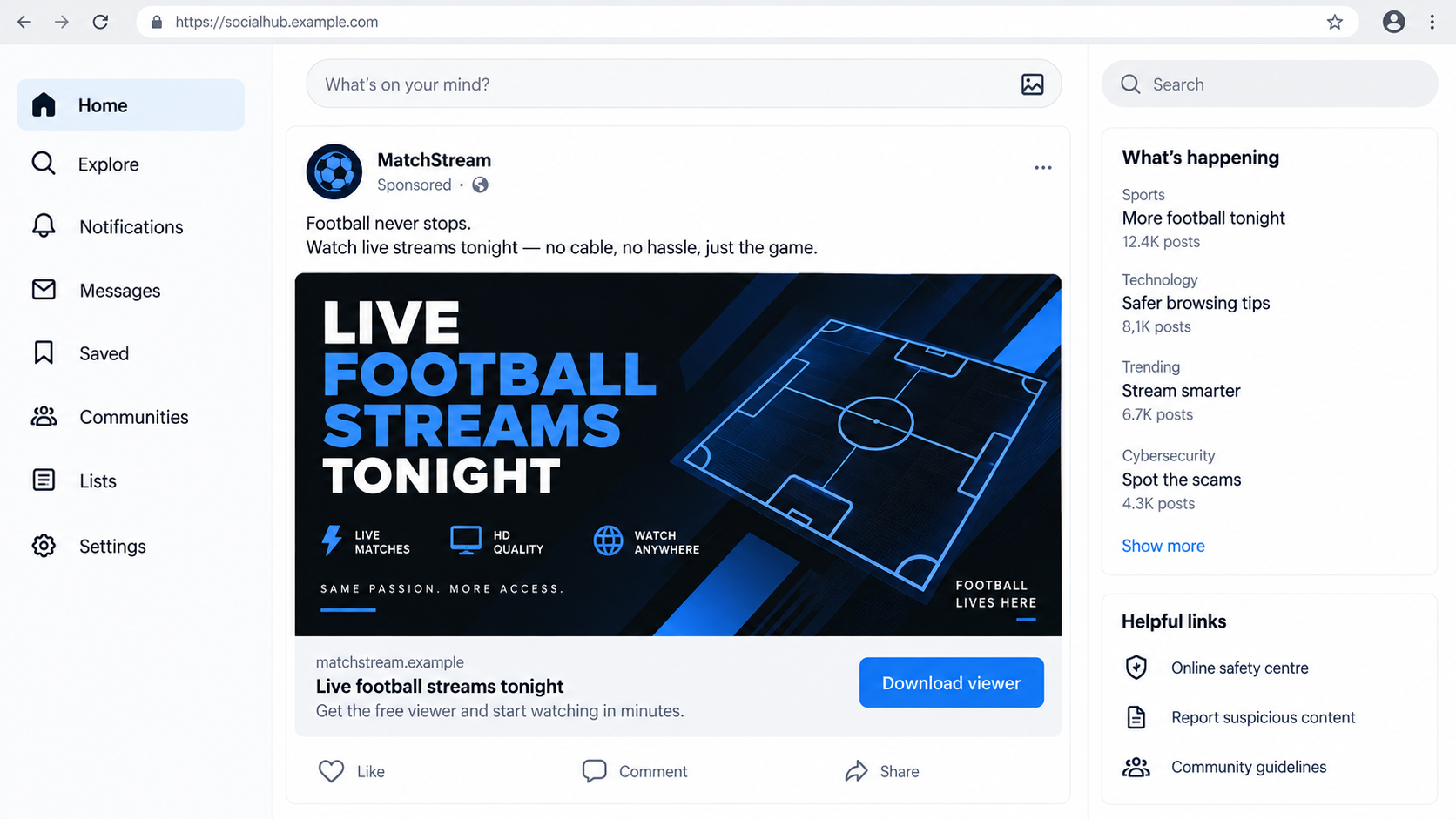 Illustrative sponsored social media ad offering a live football stream viewer