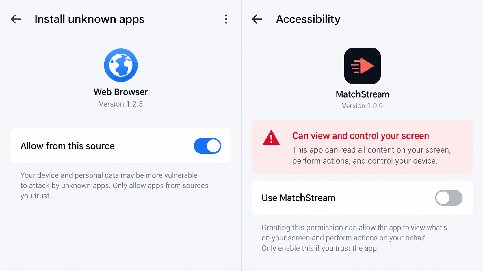 Illustrative Android unknown-app installation and Accessibility settings for a streaming app