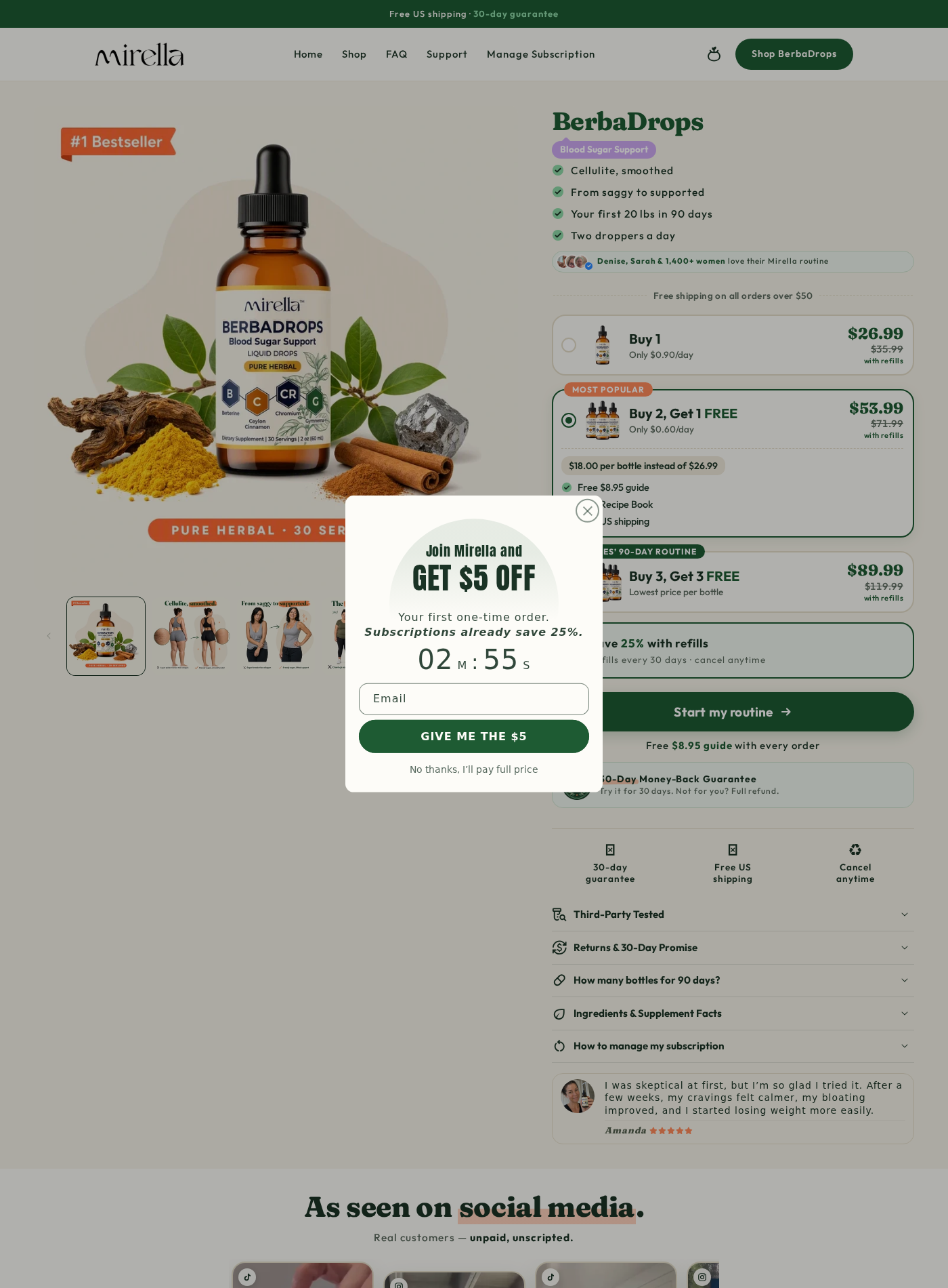 Mirella BerbaDrops product page showing weight-related claims, bundle pricing, refill options, and subscription savings