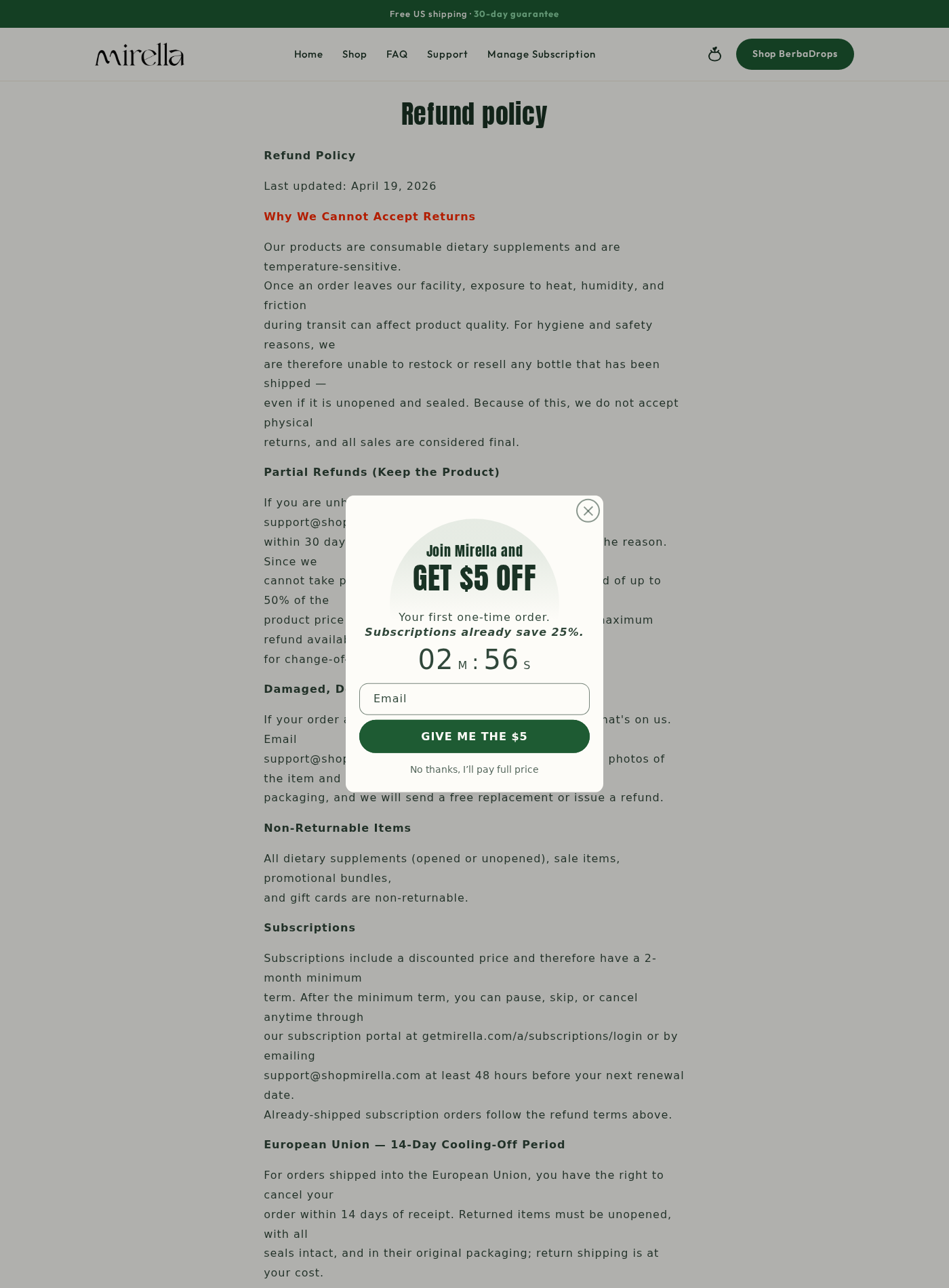 Mirella refund policy stating final sales, partial refunds, and a two-month subscription minimum