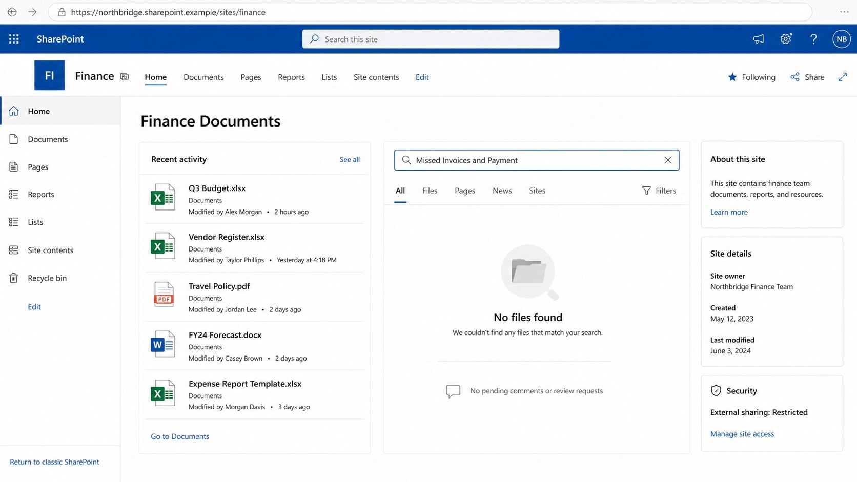 Legitimate finance document portal showing no missed invoices file or pending comment