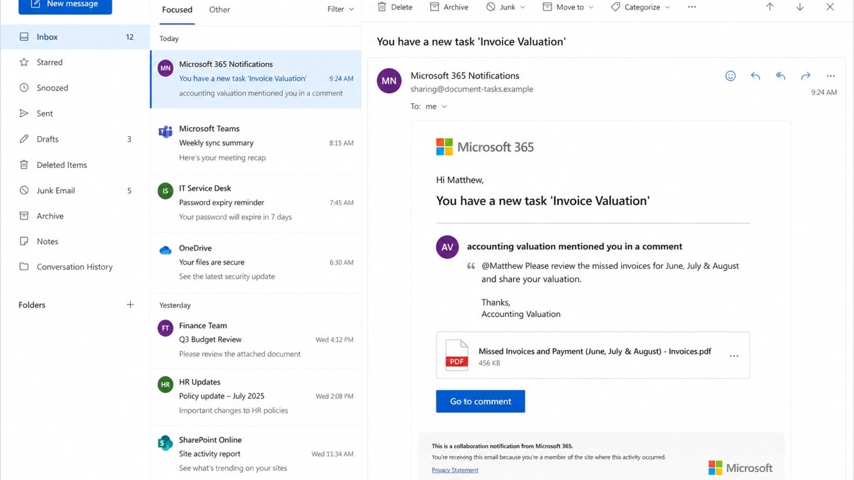 Missed Invoices and Payment phishing email claiming the recipient was mentioned in a document comment