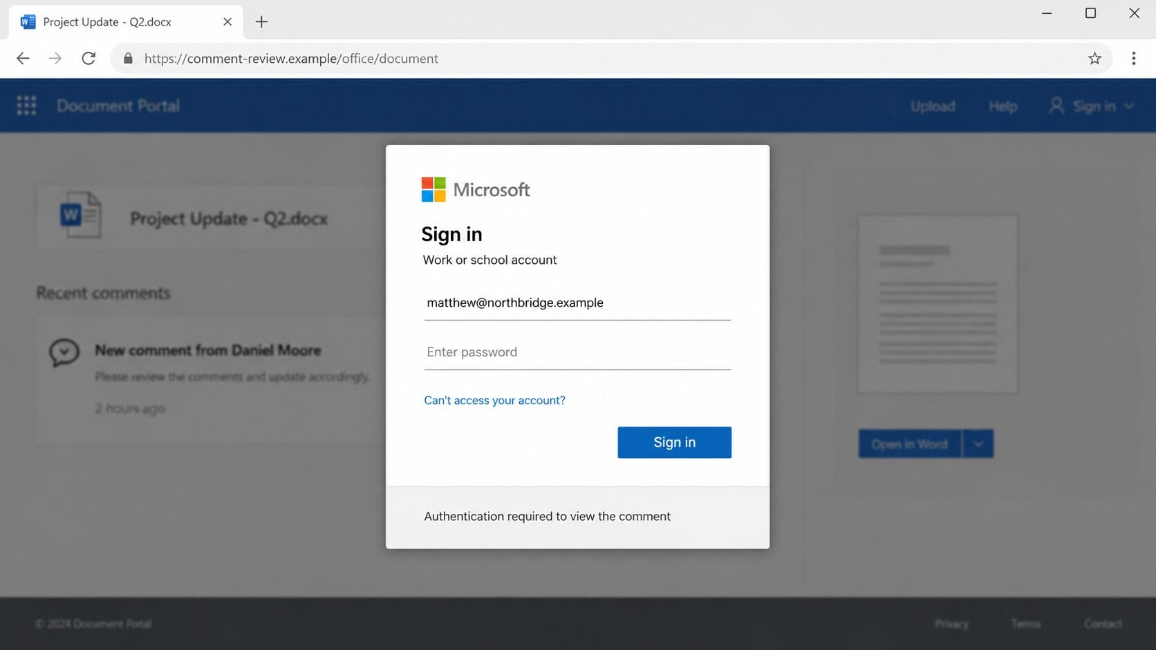 Counterfeit work account sign-in page requesting a password to view an invoice comment