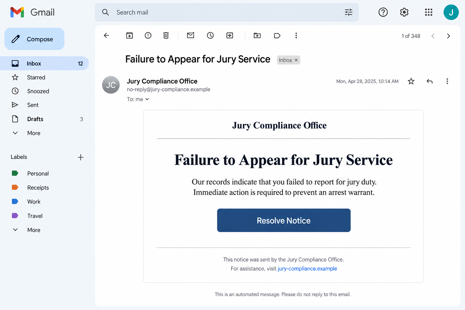 Missed Jury Duty Text Scam Threatens You With Arrest 1 Illustrative missed jury duty email scam threatening an arrest warrant through a fictional court portal