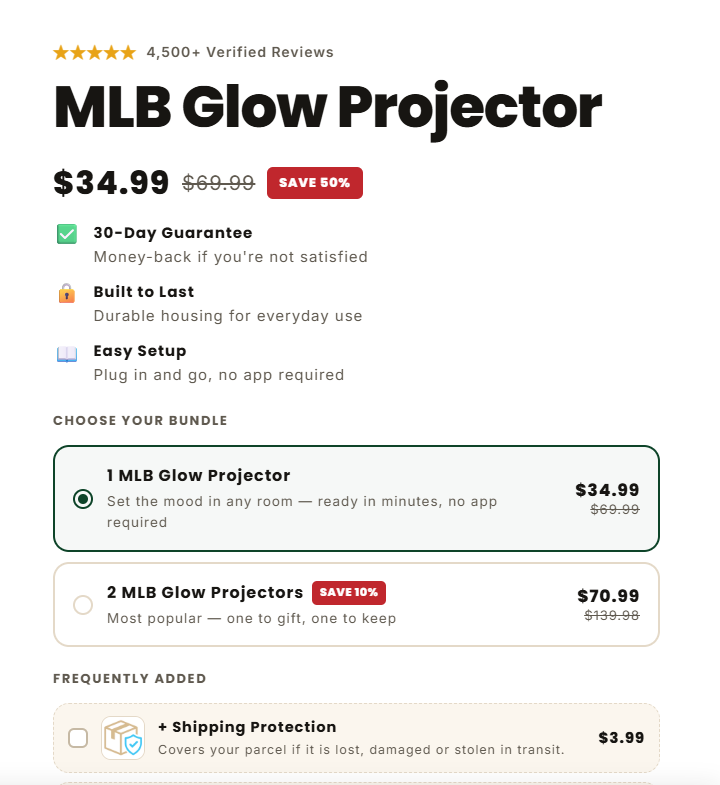 MLB Glow Projector Review: Bundle Pricing, Add-Ons and Returns Checked 1 MLB Glow Projector product page showing single and two-unit bundle prices