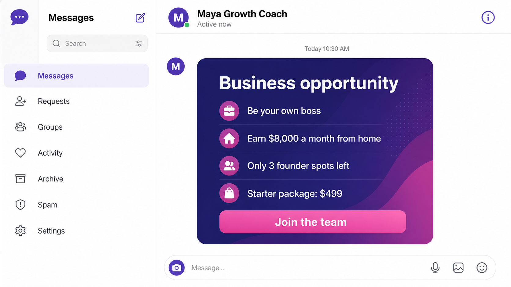 MLM Scam Warning: How Recruiting-First Pyramid Schemes Drain Your Money 1 Fake business opportunity message promising $8,000 a month and requesting a $499 starter payment