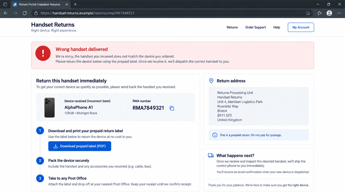 Phone Upgrade Scam Sends You the Wrong Handset 3 Reconstruction of a fake handset return portal directing a phone to a fraudster-controlled address