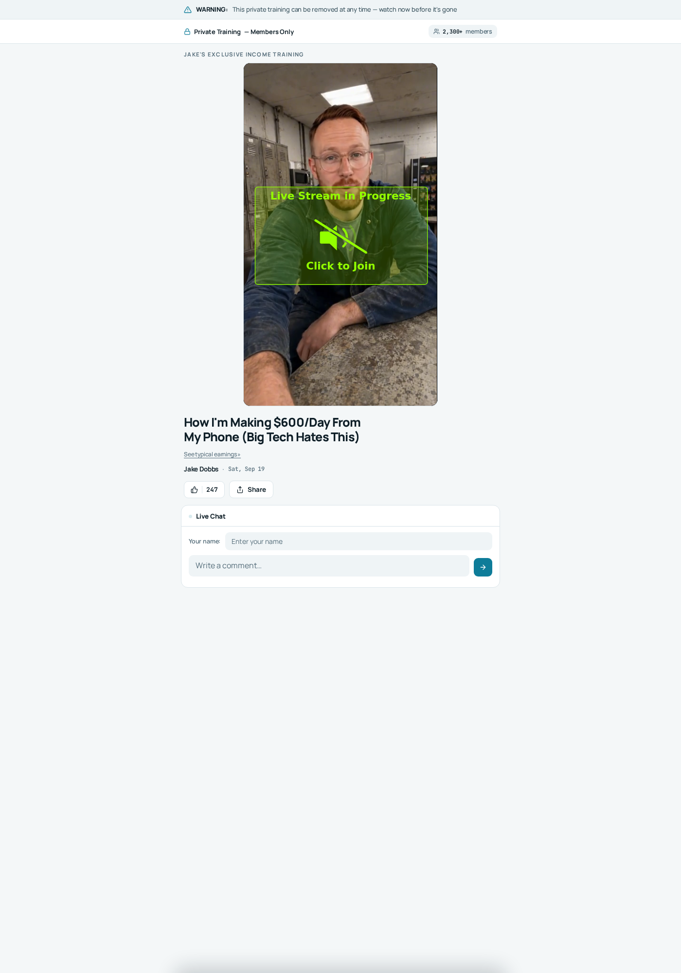 Mobile Profits private training page claiming users can make $600 a day from a phone