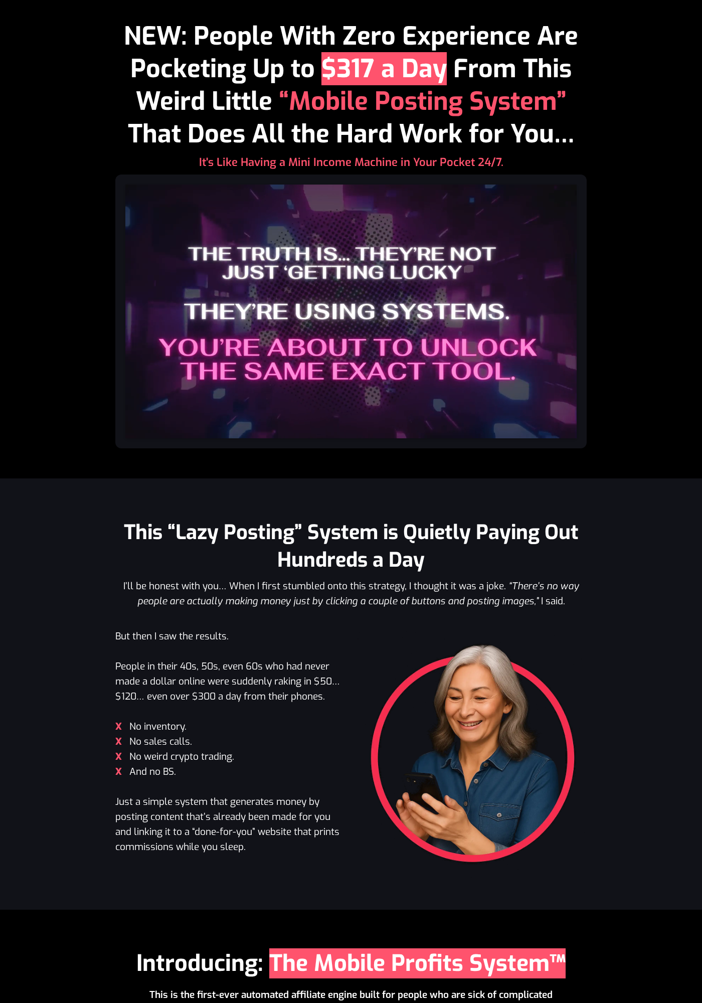 Mobile Profits sales page promoting a mobile posting system and income up to $317 a day