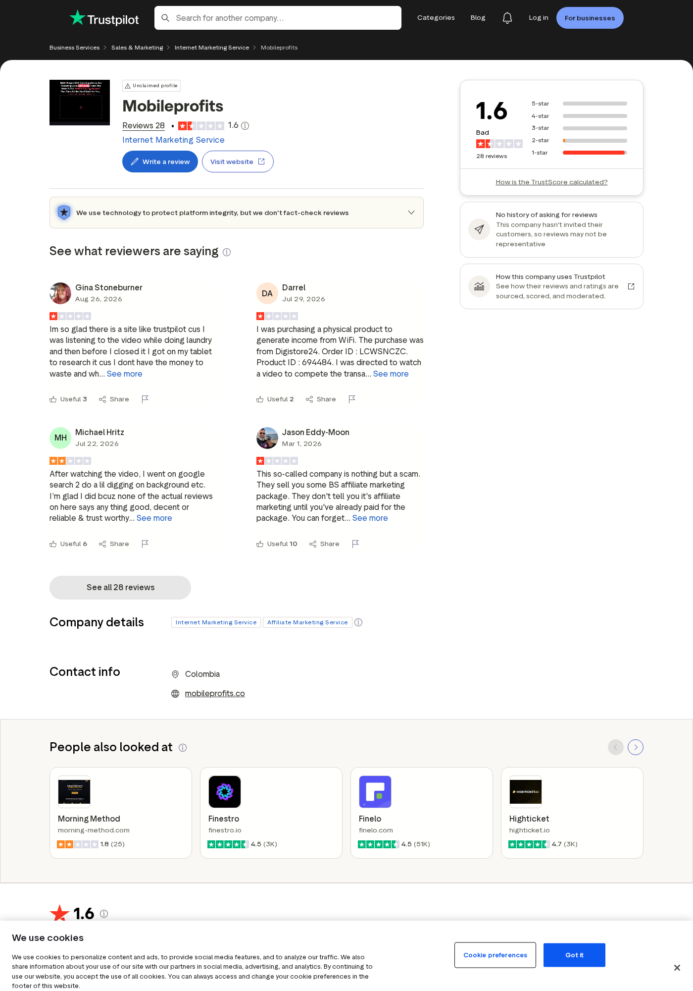 Mobile Profits review profile showing a low rating and multiple consumer complaints