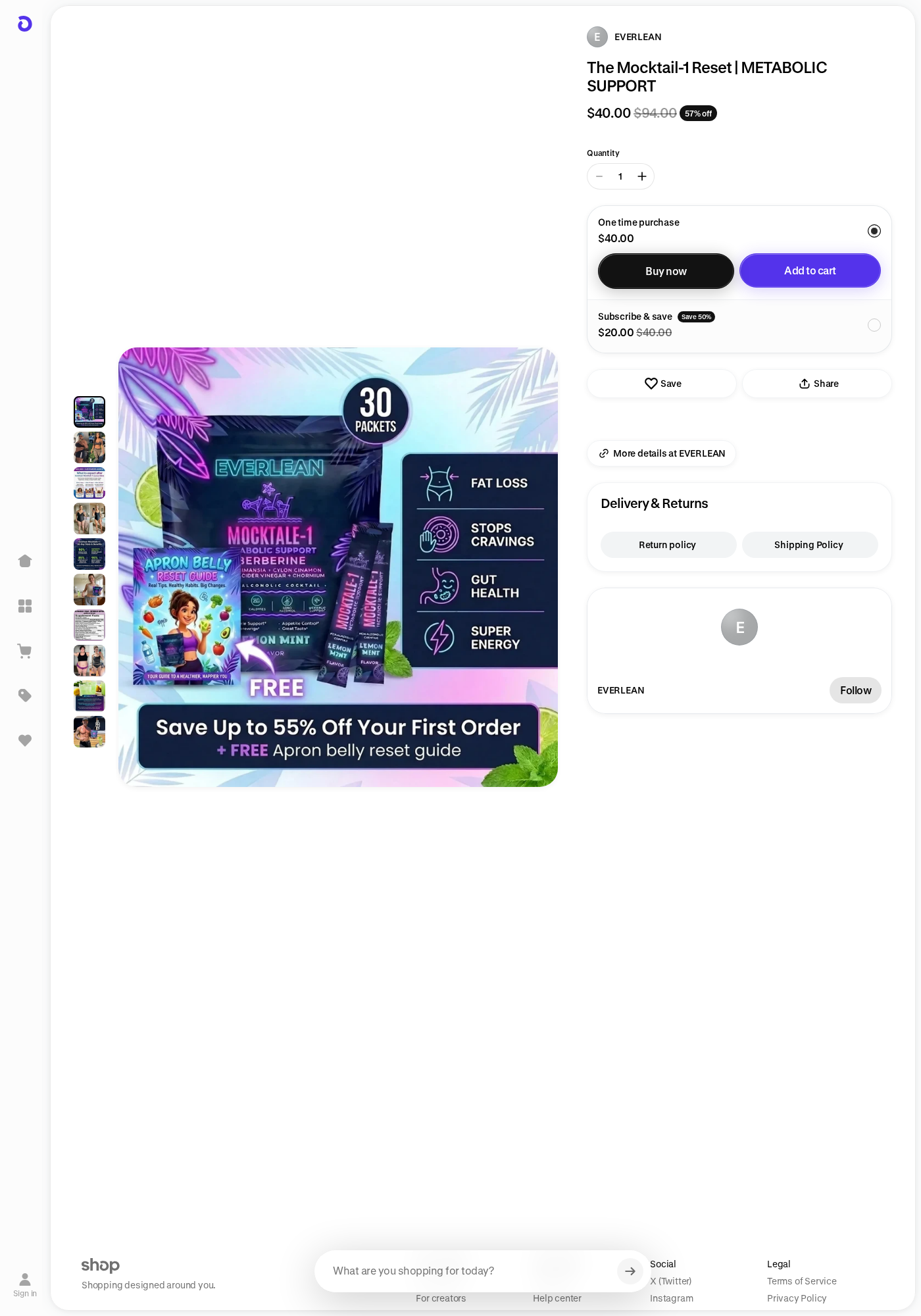Mocktail-1 Reset Shop listing showing one-time and subscribe-and-save prices