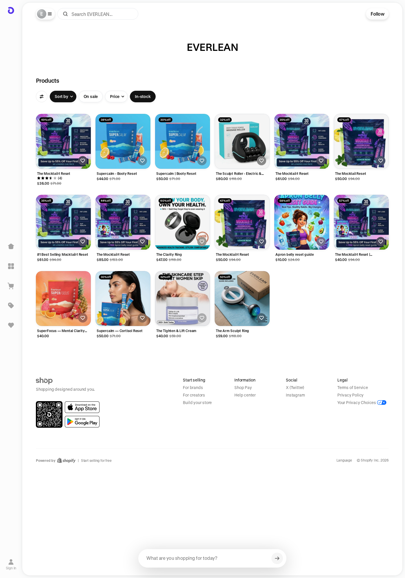 EVERLEAN storefront displaying Mocktail-1 Reset and other discounted wellness products