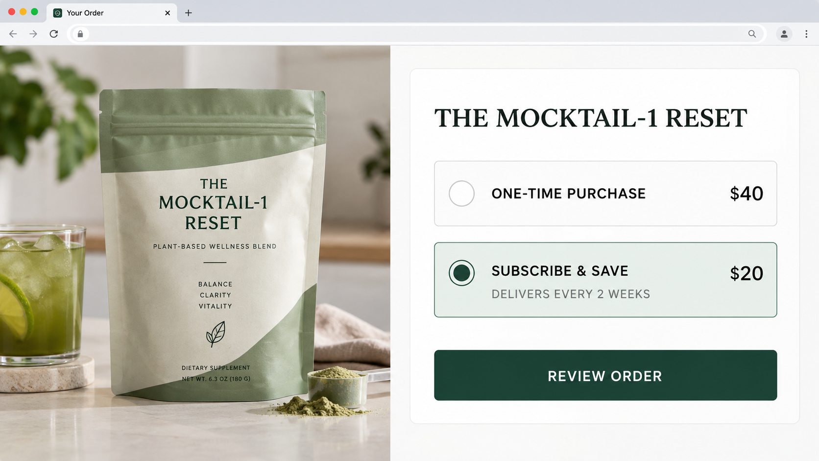 Illustration of Mocktail-1 Reset one-time and recurring delivery choices