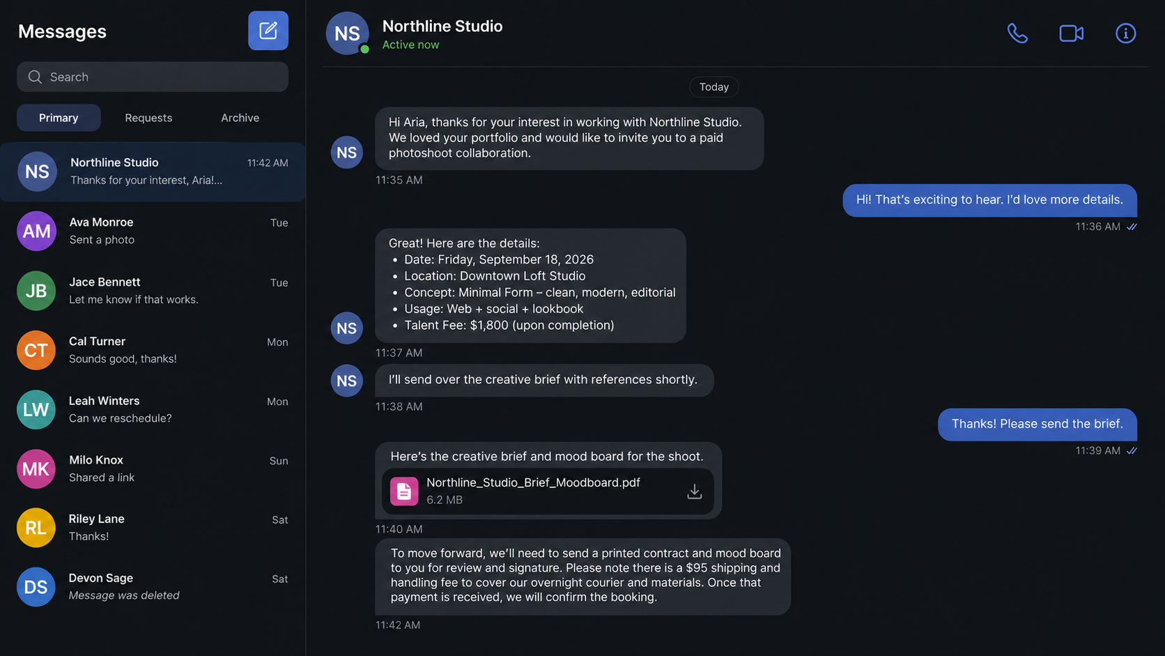 Fake Model Collaboration Scam Charges a Shipping Fee 1 Fake model collaboration scam shown in a fictional brand direct message