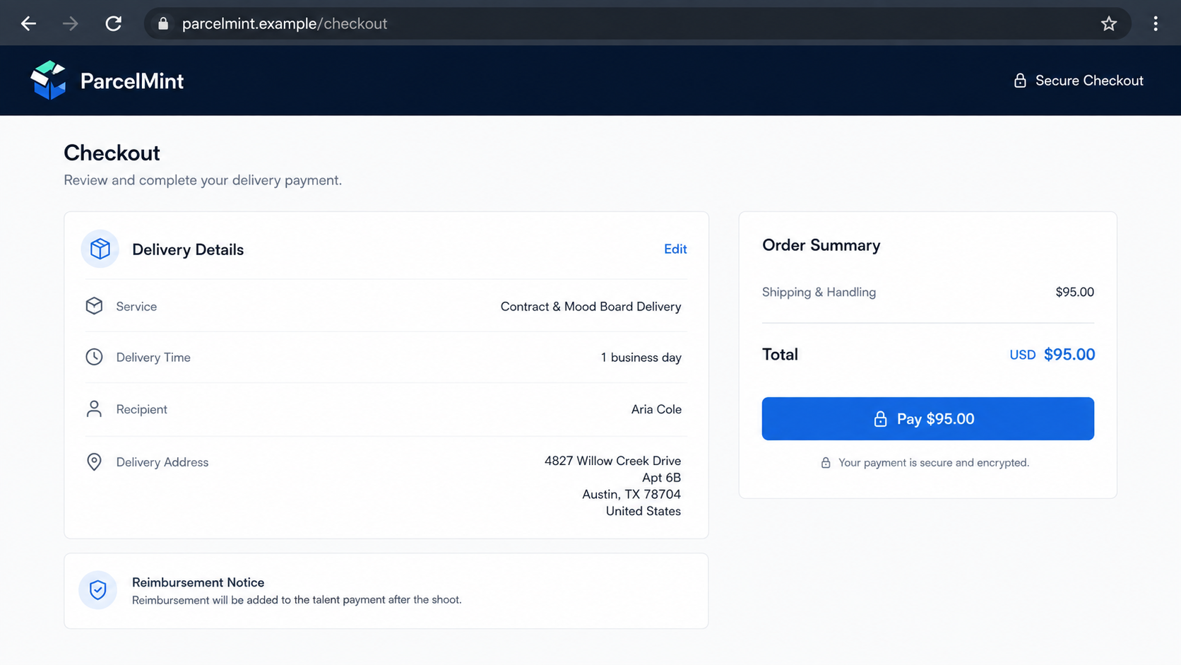 Fake Model Collaboration Scam Charges a Shipping Fee 2 Fictional courier checkout requesting a model collaboration shipping fee