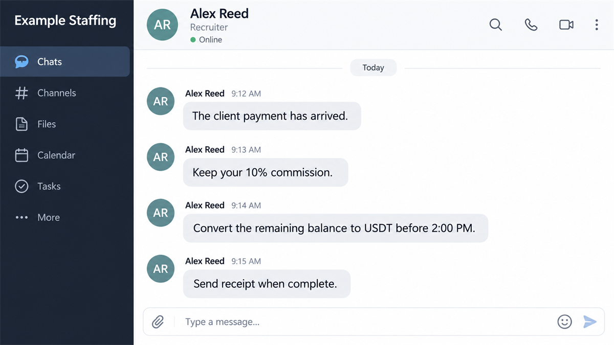 Money Mule Job Offers Turn Applicants Into Accomplices 2 Realistic reconstruction of a recruiter chat instructing a new employee to forward money and keep a commission