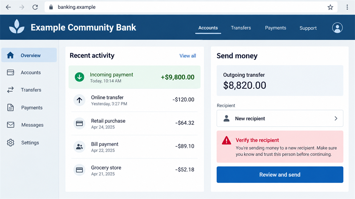 Money Mule Job Offers Turn Applicants Into Accomplices 3 Realistic reconstruction of an online banking screen showing an incoming payment and urgent instructions to forward it