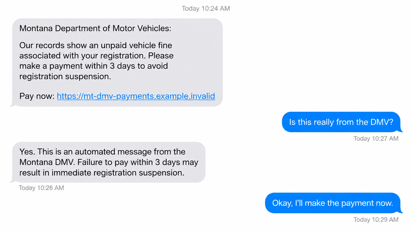 Montana MVD Scam Text Warning: Fake Fines Can Steal Your Card Data Online 1 Editorial reconstruction of a fake Montana vehicle fine text message