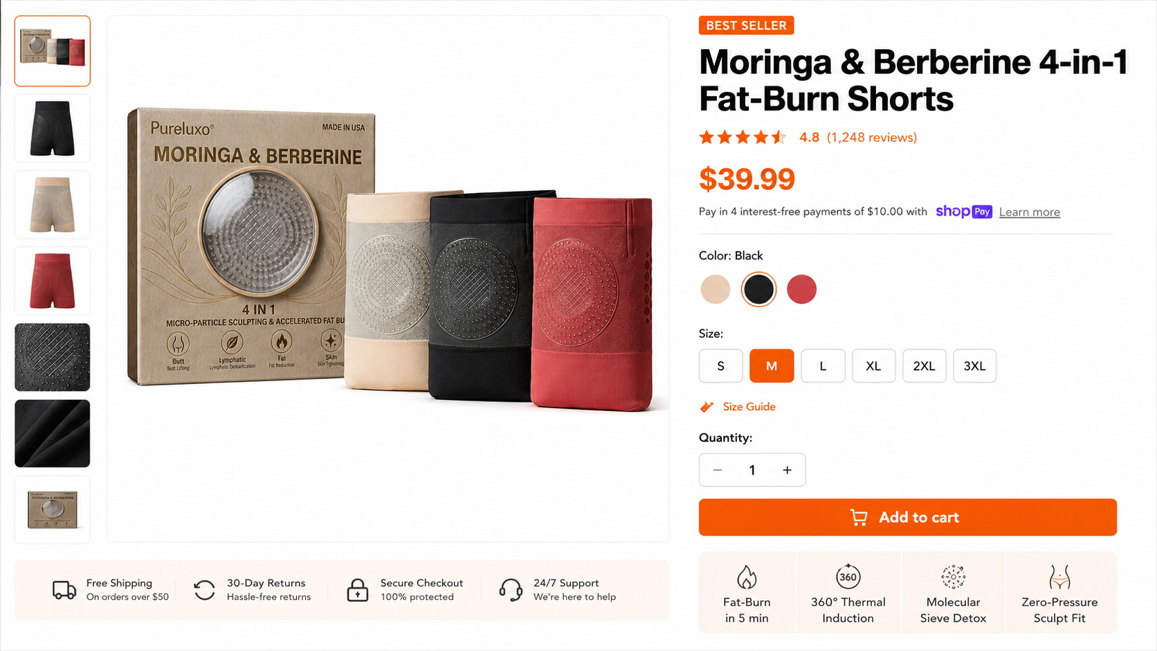Reconstructed storefront interface illustrating the weight-loss claims used to sell moringa shorts