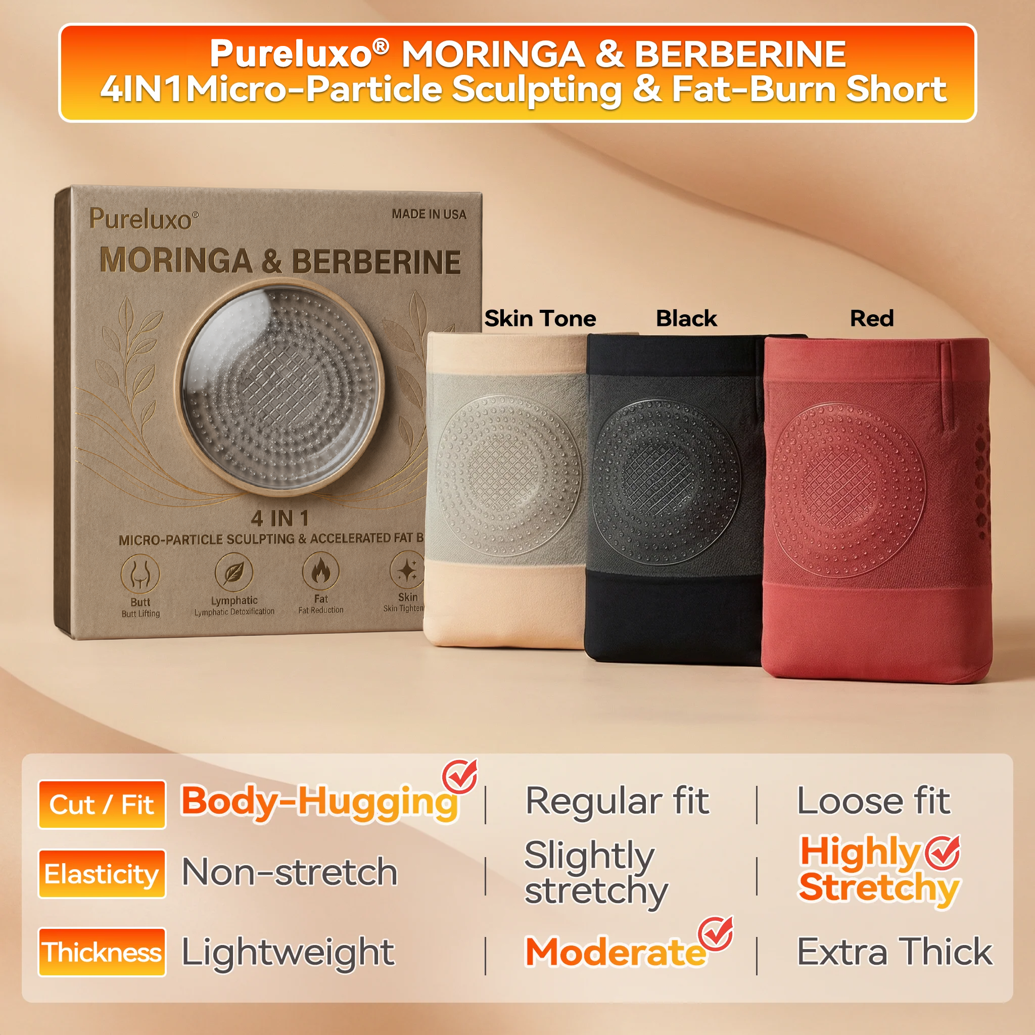 Moringa fat-burning shorts shown as a product-only image without a model