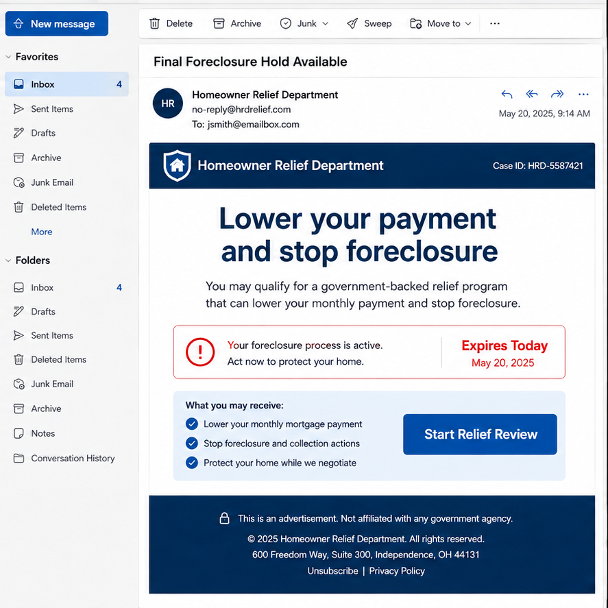 Mortgage Relief Scam Can Steal Your Money and Home 1 Illustrative reconstruction of a fake foreclosure hold email promising immediate mortgage relief