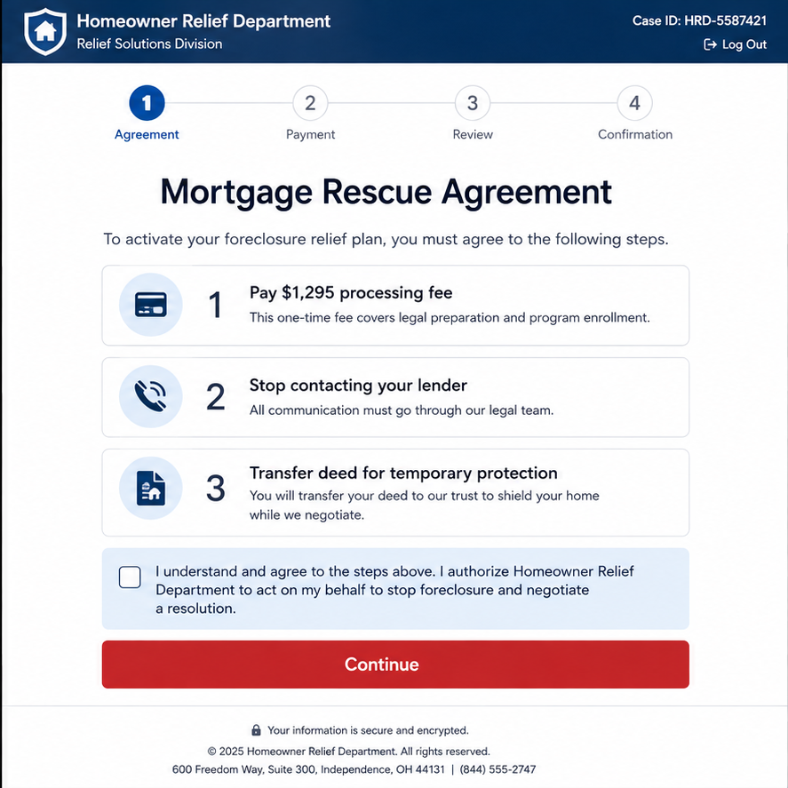 Mortgage Relief Scam Can Steal Your Money and Home 2 Illustrative reconstruction of a fake foreclosure rescue portal demanding a fee and deed transfer
