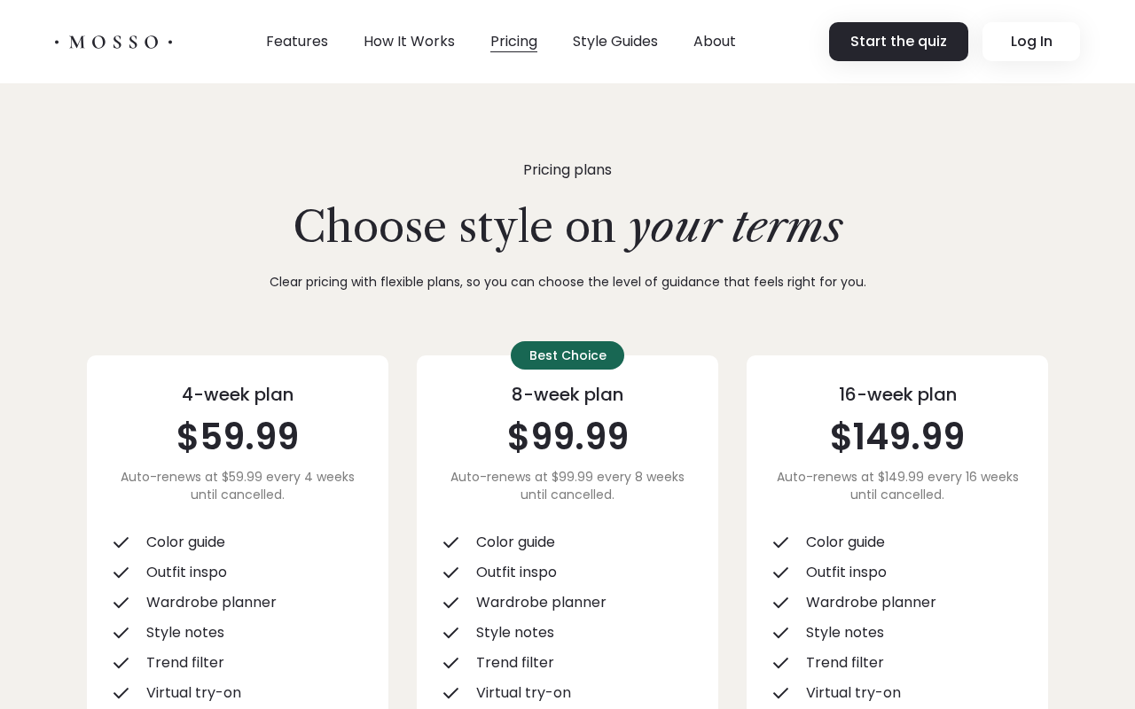 Mosso pricing page showing auto renewing four eight and sixteen week plans