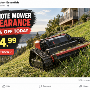 Illustrative social media advertisement recreating an implausibly cheap remote controlled slope mower offer