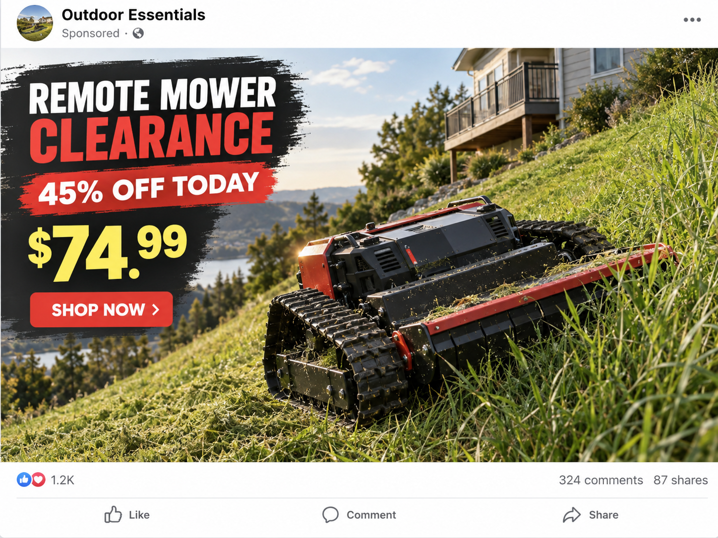 Mowtor Shop Exposed: Cheap Remote Mower Ads and Serious Buyer Risks Checked 1 Illustrative social media advertisement recreating an implausibly cheap remote controlled slope mower offer
