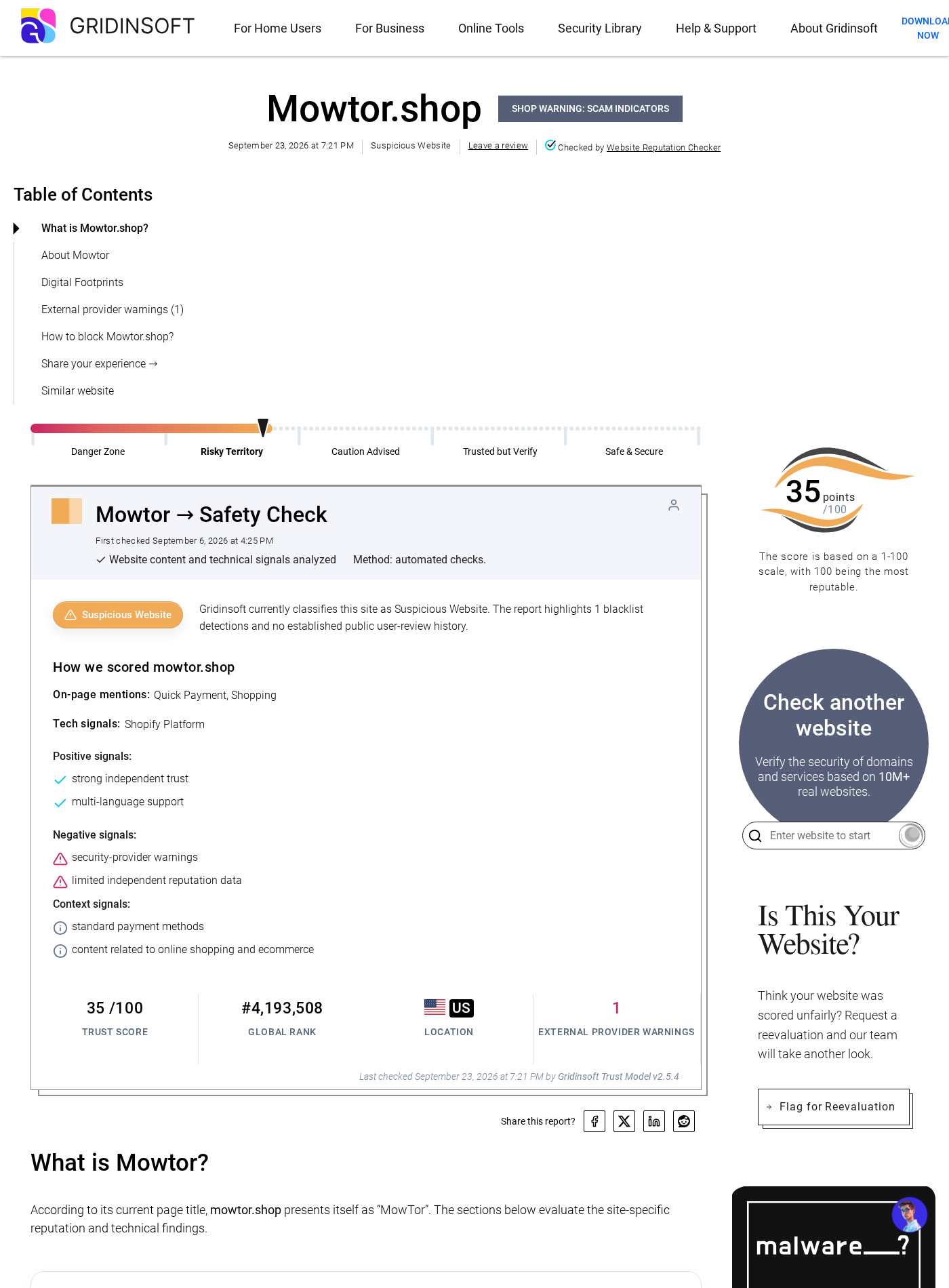 Mowtor Shop Exposed: Cheap Remote Mower Ads and Serious Buyer Risks Checked 2 Gridinsoft reputation page showing a limited trust assessment for the recently registered Mowtor shop domain