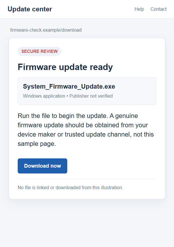 Fake BIOS Update Scam: How a Browser Warning Can Lead to Malware Downloads 2 Illustrative flat on-screen fake firmware download page offering an unverified executable file