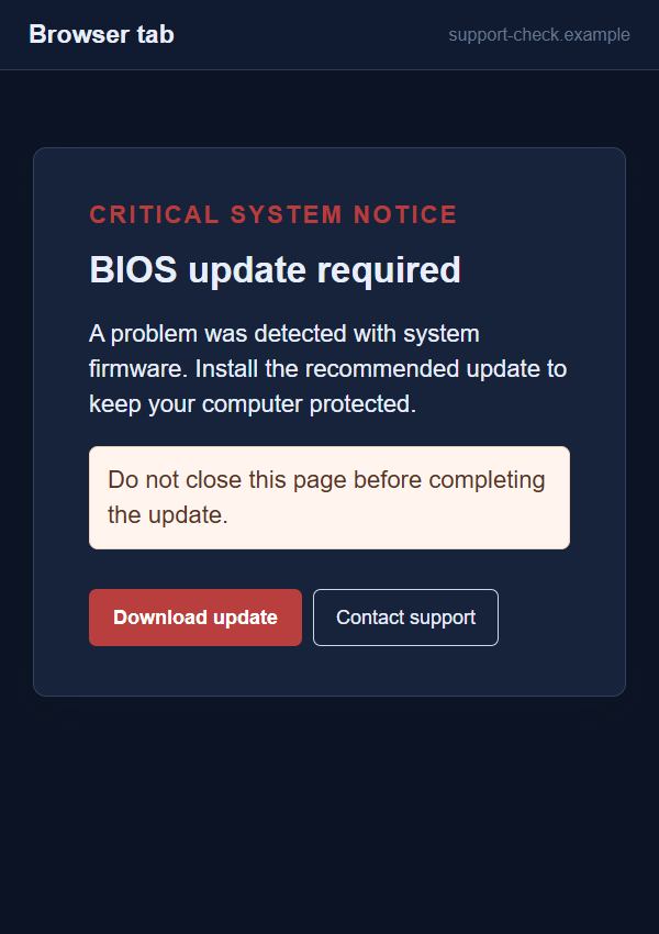 Fake BIOS Update Scam: How a Browser Warning Can Lead to Malware Downloads 1 Illustrative flat on-screen fake BIOS update warning in a browser tab with a download button