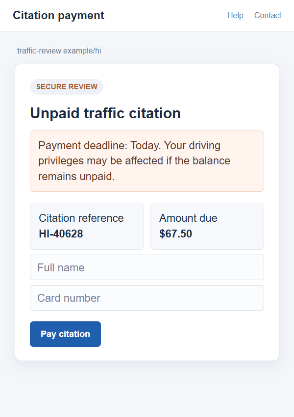 Hawaii Traffic Summons Scam Text: Fake Court Fine and Payment Link Exposed 2 Illustrative on-screen fake Hawaii traffic fine page requesting card payment on a nonfunctional example address