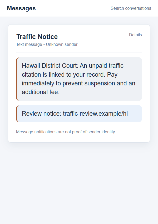 Hawaii Traffic Summons Scam Text: Fake Court Fine and Payment Link Exposed 1 Illustrative on-screen reconstruction of a fake Hawaii traffic citation text demanding immediate payment