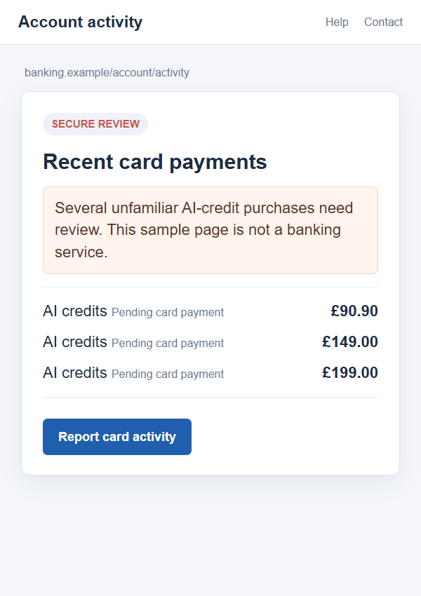Illustrative on-screen account activity showing a series of unfamiliar AI-credit card payments