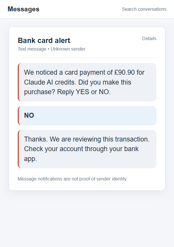 Illustrative on-screen reconstruction of a bank alert about an unauthorized AI-credit card payment